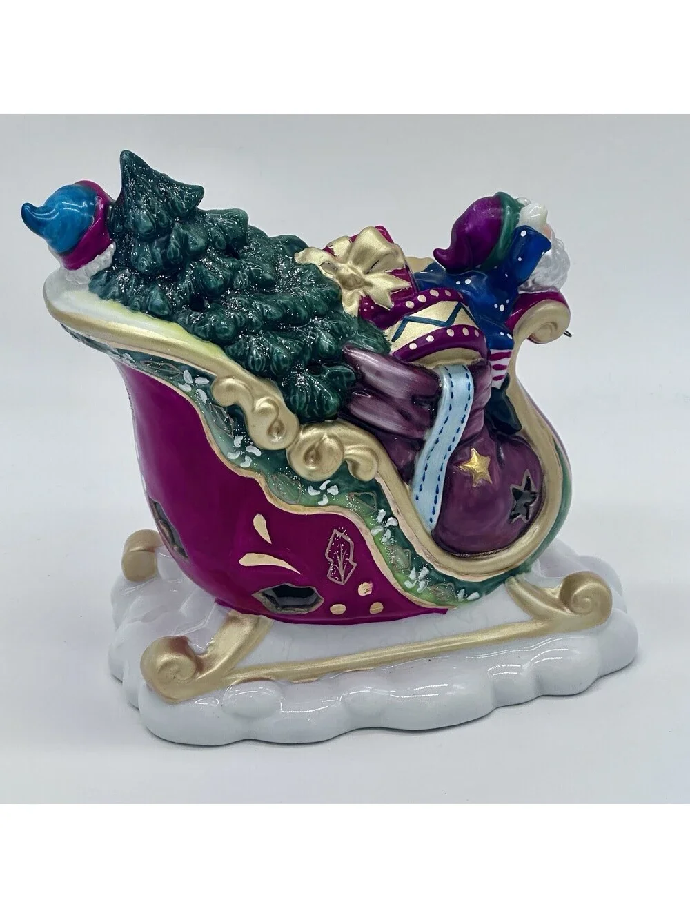 Santa’s Sleigh w Elves & Gifts Glazed Porcelain 24K Gold Trim Figurine by O’Well